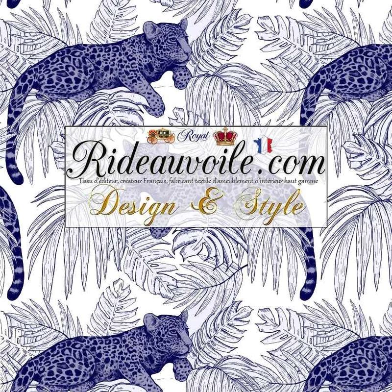 Toile de Jouy textile art bleu navy style tropicale jungle mètre rideau voilage