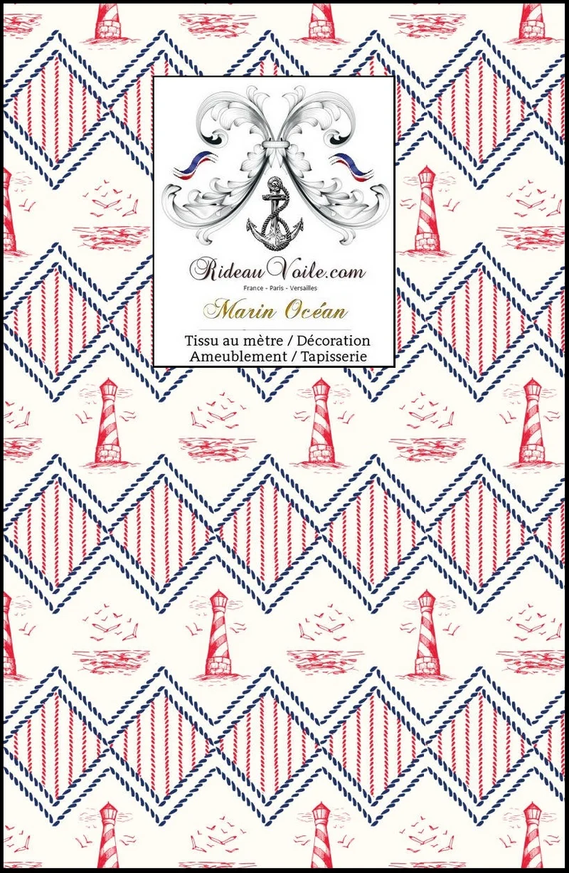 Textile haut gamme motif rayure style marin mètre imprimé bateau phare