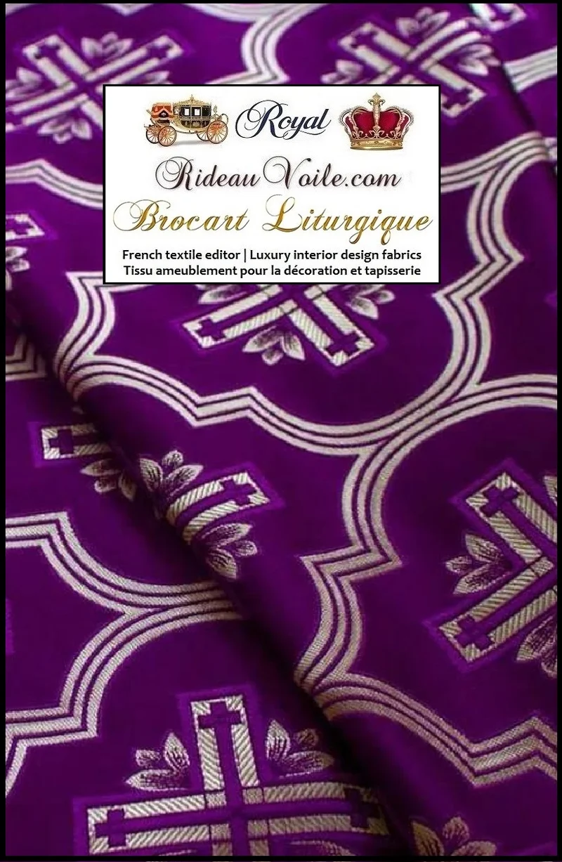 Tissu violet ameublement Médiéval Brocart Baroque Croix liturgique au mètre