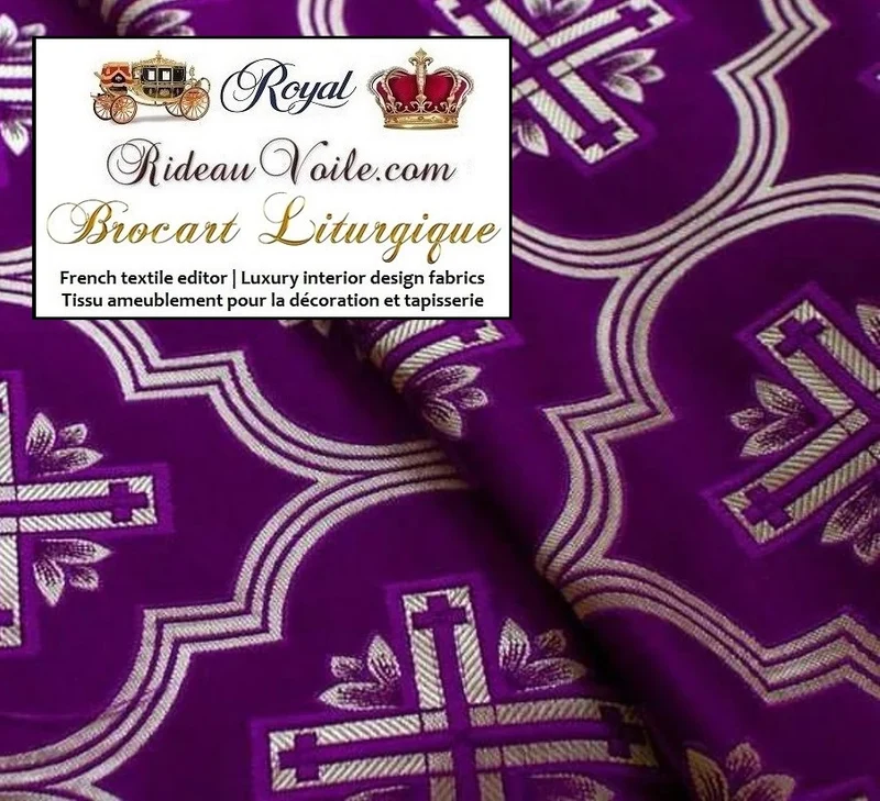 Tissu violet ameublement Médiéval Brocart Baroque Croix liturgique au mètre