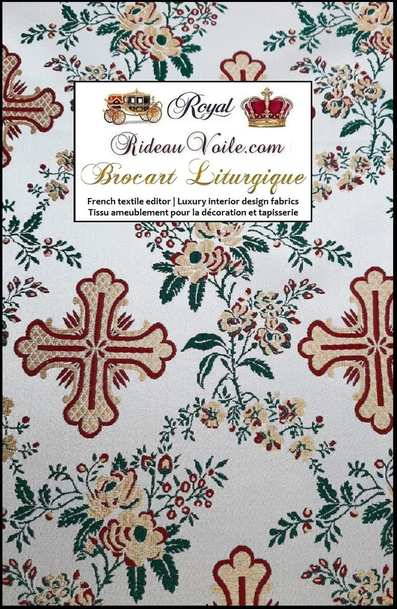 Tissu ameublement Médiéval Brocart Damasco Baroque Croix d'église or vert mètre