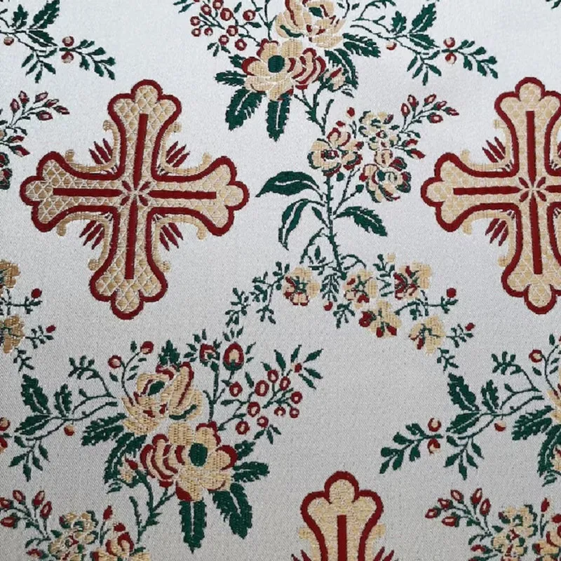 Tissu ameublement Médiéval Brocart Damasco Baroque Croix d'église or vert mètre