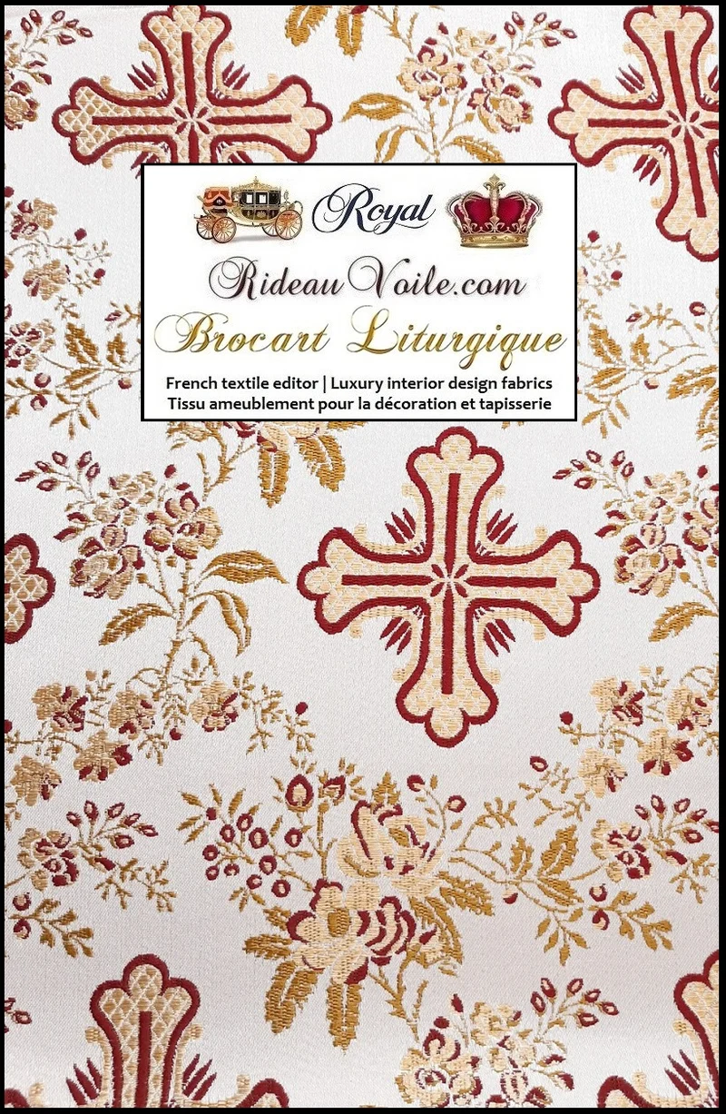 Tissu ameublement Médiéval Brocart Damasco Baroque Croix d'église or rouge mètre