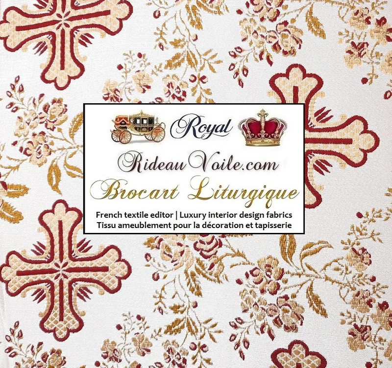 Tissu ameublement Médiéval Brocart Damasco Baroque Croix d'église or rouge mètre
