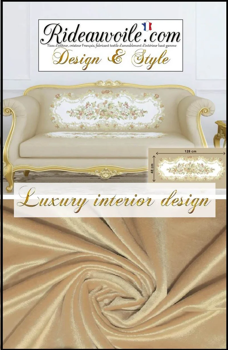 Tissu canapé brodé beige Velours style broderie Tapisserie Antique Aubusson française