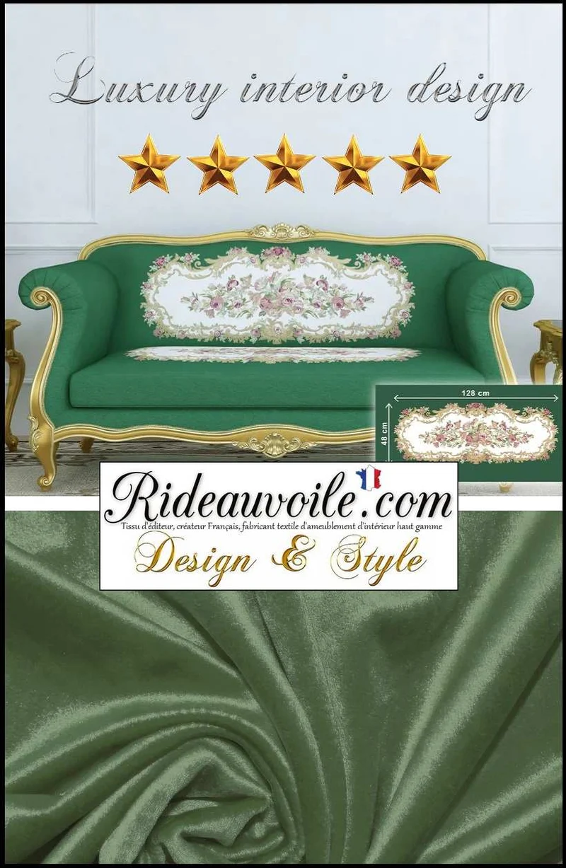Tissu jacquard brodé tapissier canapé Velours VERT Broderie fleurs motif floral