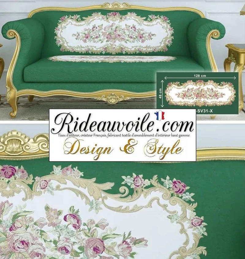 Tissu jacquard brodé tapissier canapé Velours VERT Broderie fleurs motif floral