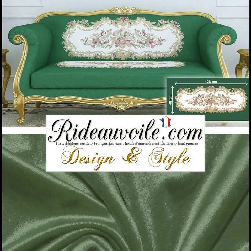 Tissu jacquard brodé tapissier canapé Velours VERT Broderie fleurs motif floral