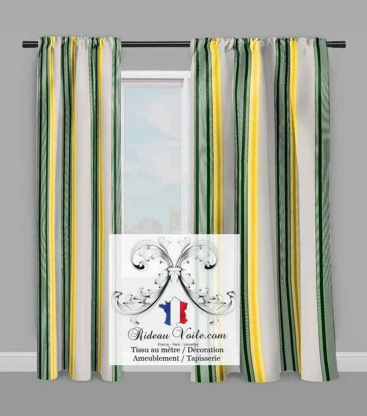 Tissu toile ameublement rayé rayures lignes vert jaune mètre rideau voilage tapisserie