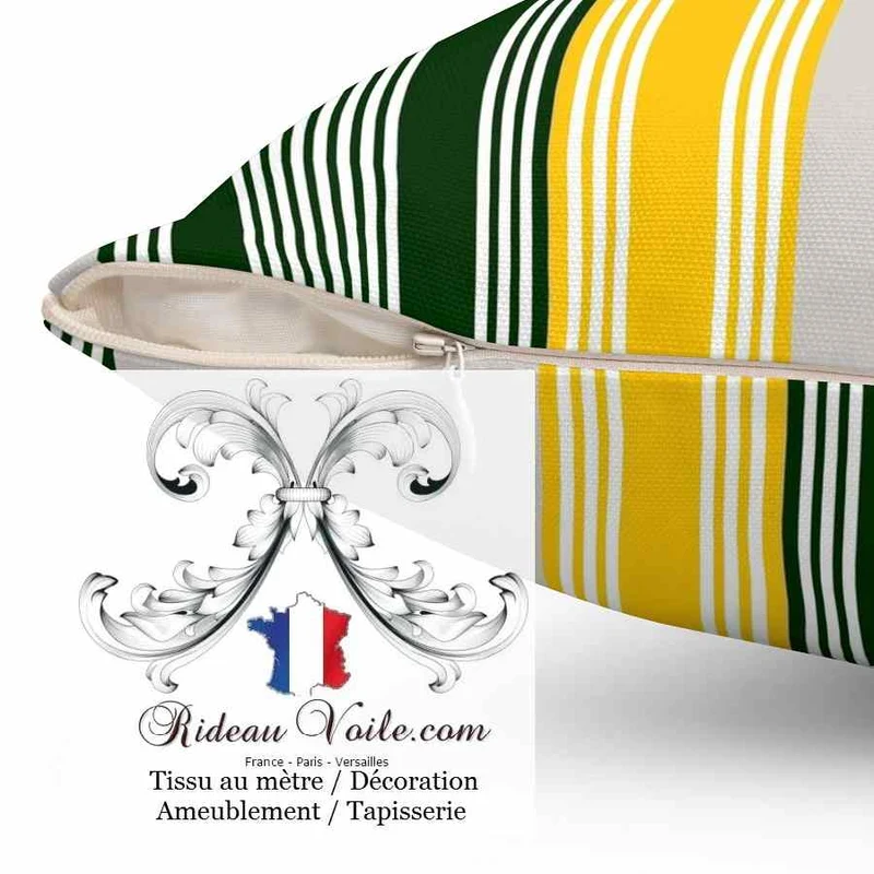 Tissu toile ameublement rayé rayures lignes vert jaune mètre rideau voilage tapisserie
