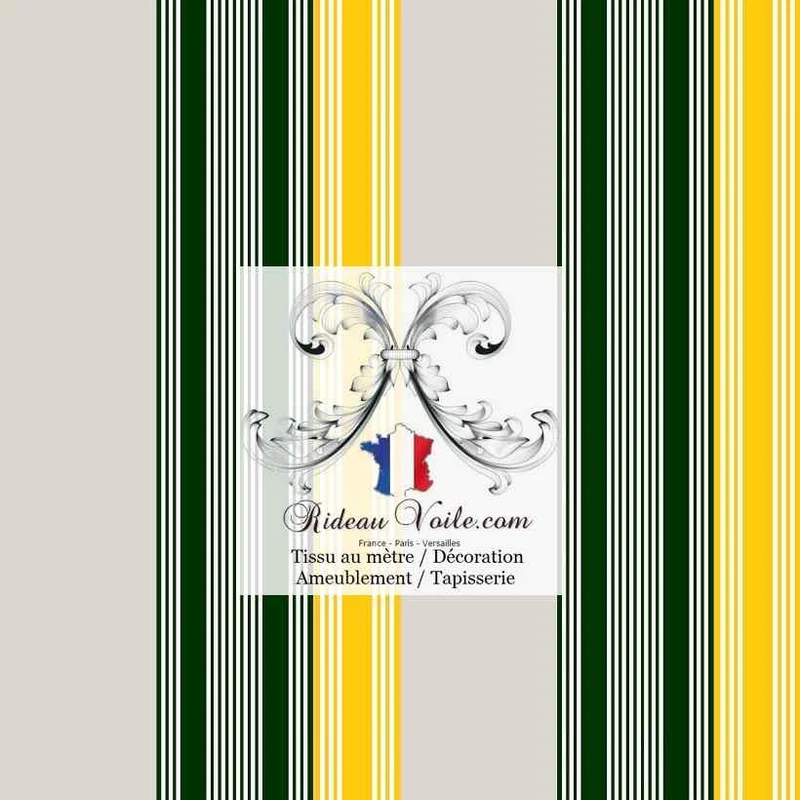 Tissu toile ameublement rayé rayures lignes vert jaune mètre rideau voilage tapisserie