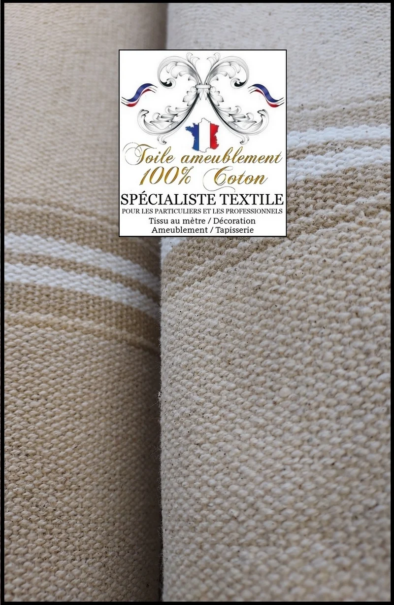 Toile 100% coton rayures blanc écru ameublement tapissier décorateur couture rideau