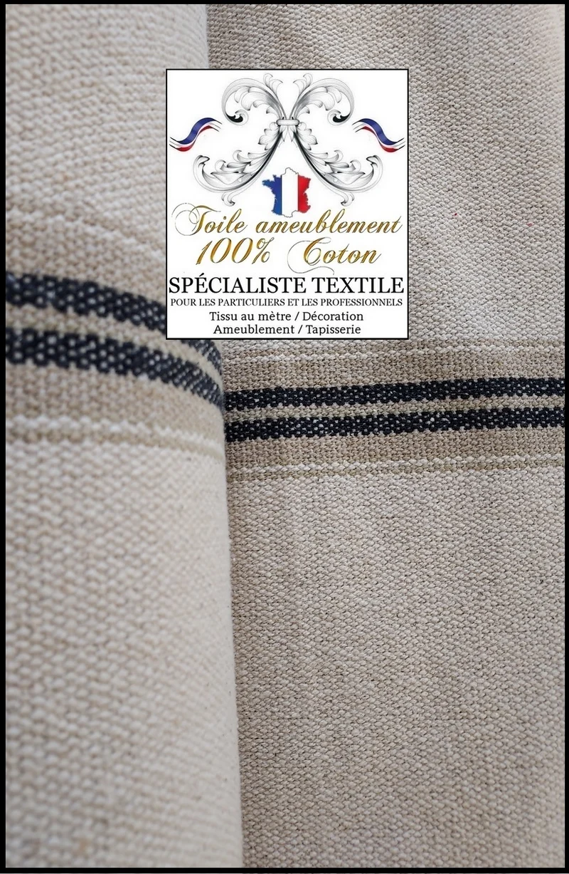 Toile 100% coton rayures noir écru ameublement tapissier décorateur couture rideau