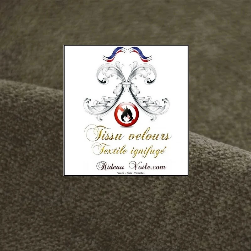 Tissu d'éditeur textile velours double face ignifugé vert gris taupe mètre rideau
