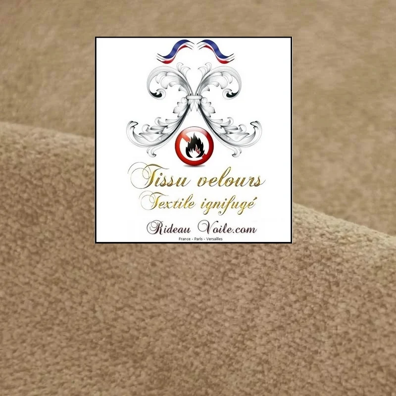 Tissu ameublement velours double face ignifugé beige noisette mètre rideau
