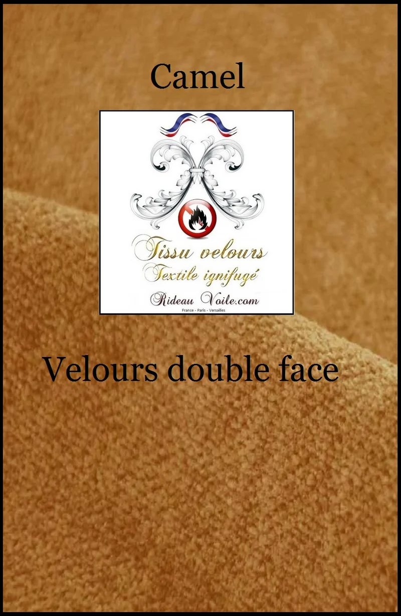 Tissu ameublement velours double face ignifuge camel mètre rideau occultant