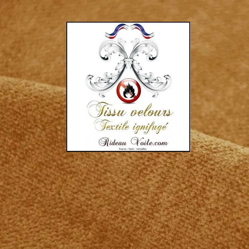 Tissu ameublement velours double face ignifuge camel mètre rideau occultant