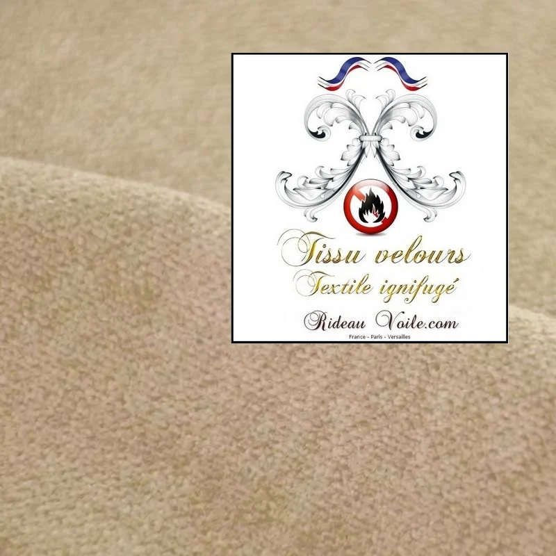 Tissu ameublement non-feu velours double face beige au mètre rideau occultant