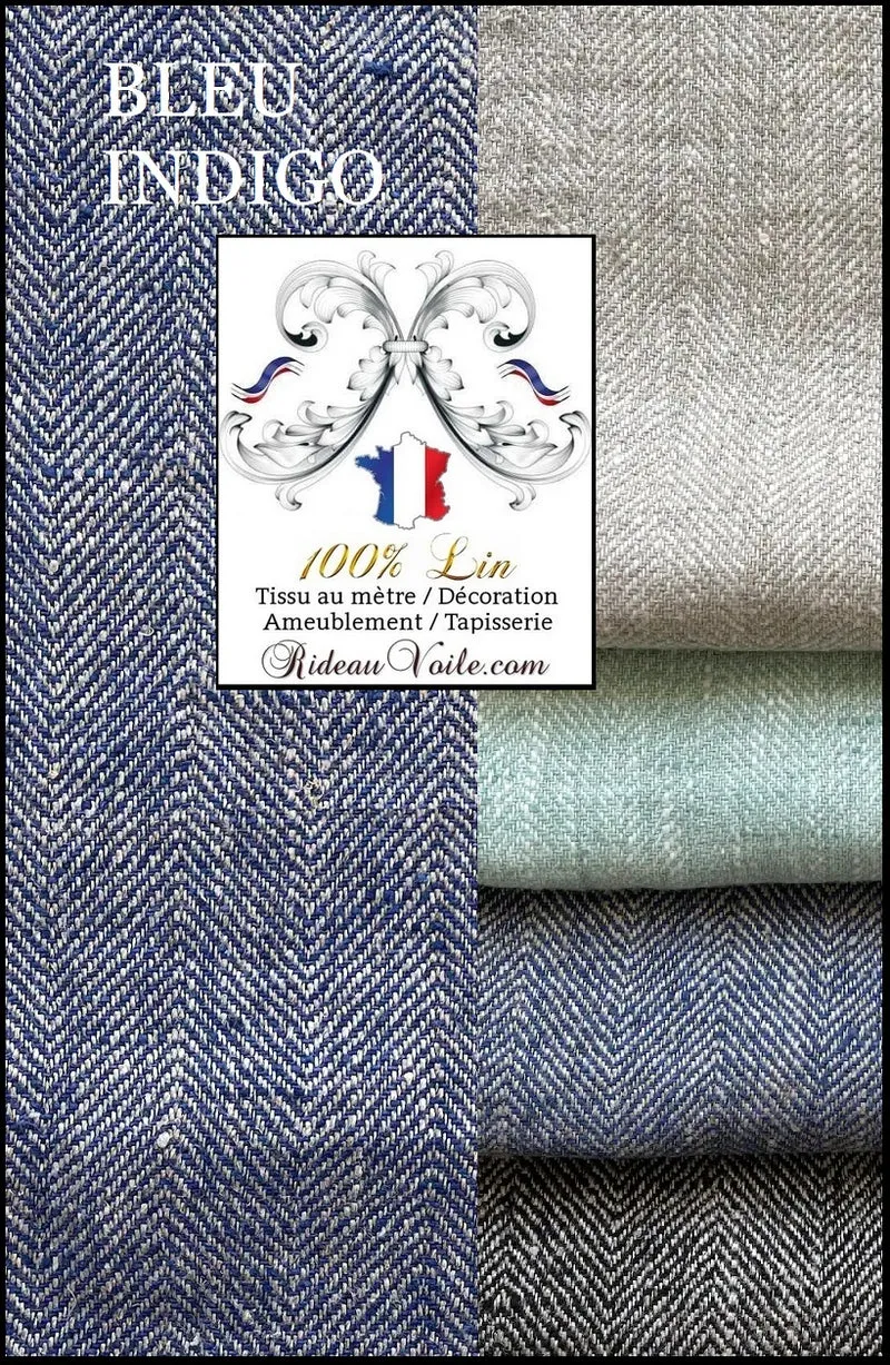 Boutique Lin Tissu ameublement motif Chevron au mètre rideau bleu indigo