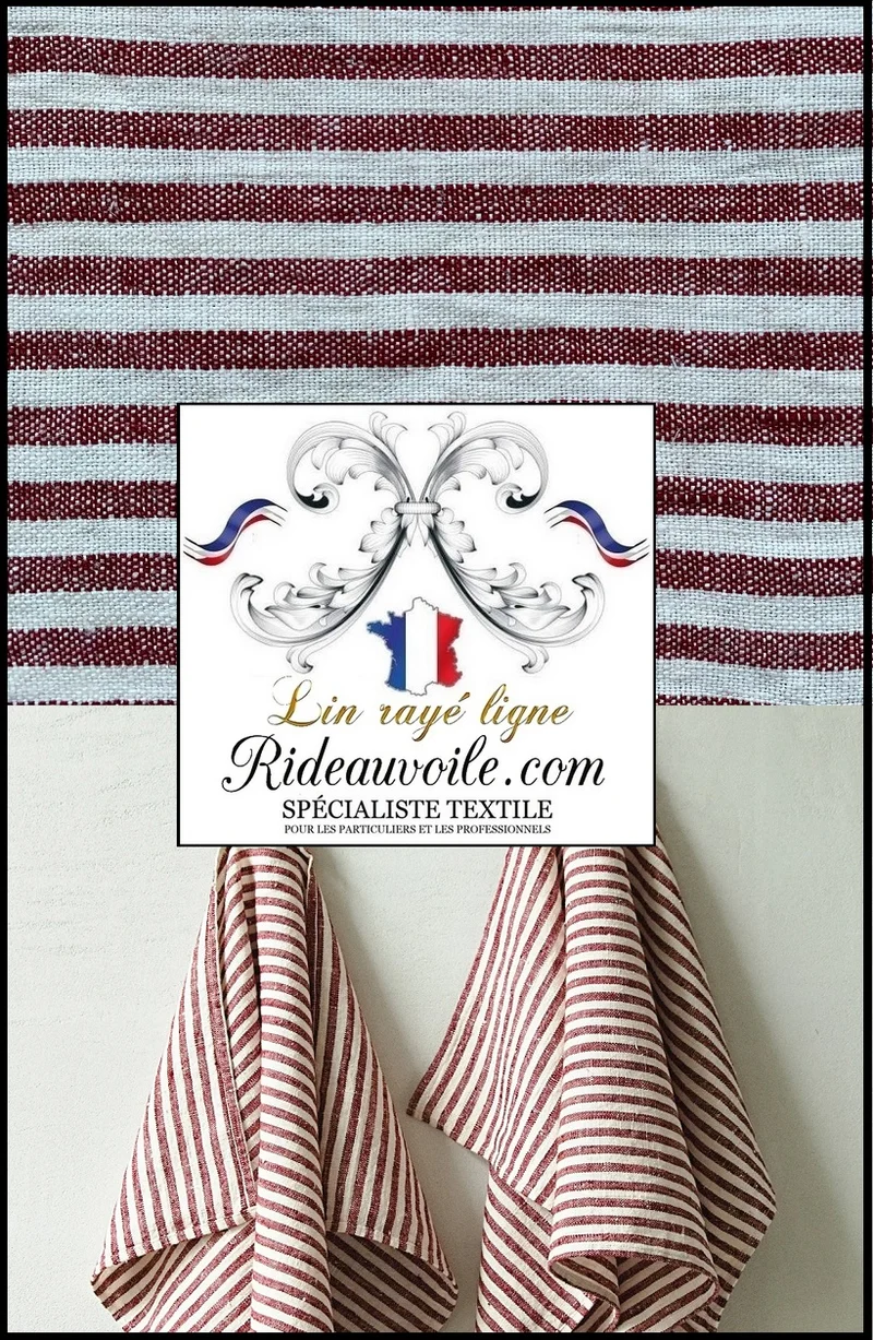 Boutique Lin Tissu ameublement rayures rayé rouge cerise blanc mètre rideau
