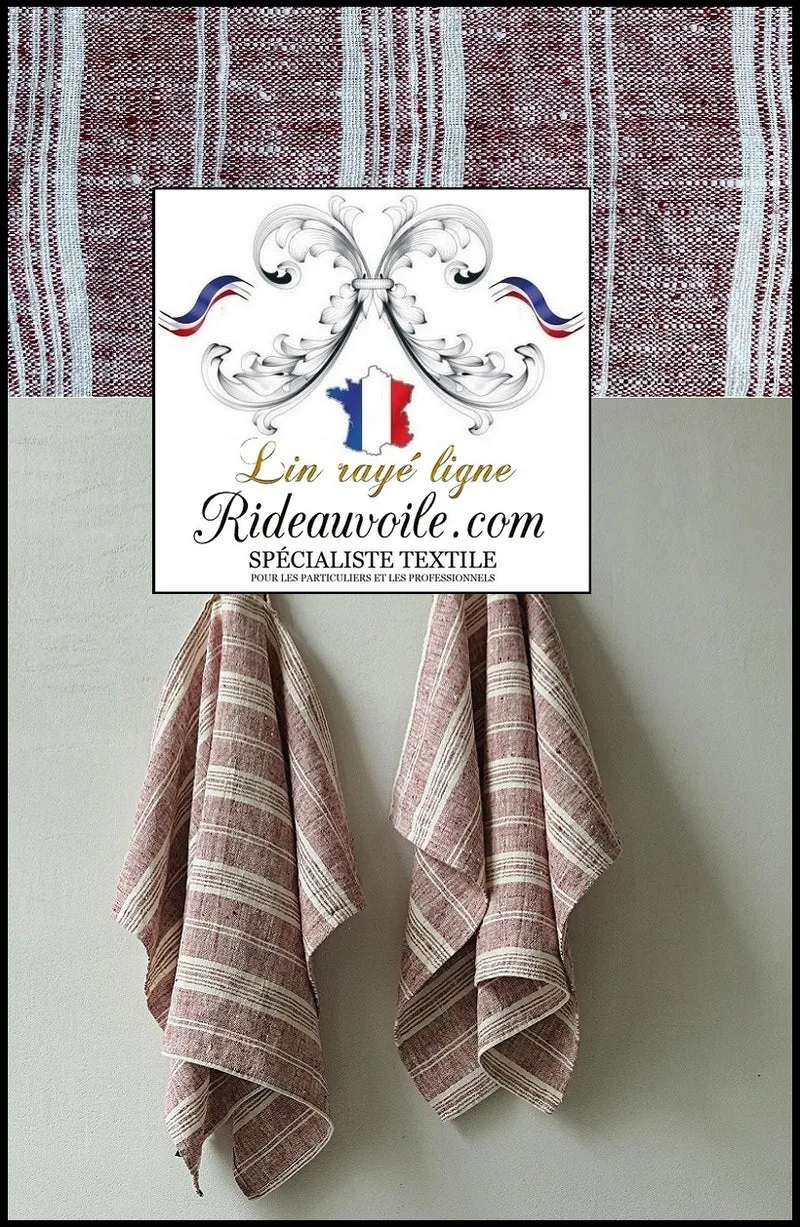 Boutique Lin Naturel Tissu rayures rayé rouge cerise blanc mètre rideau