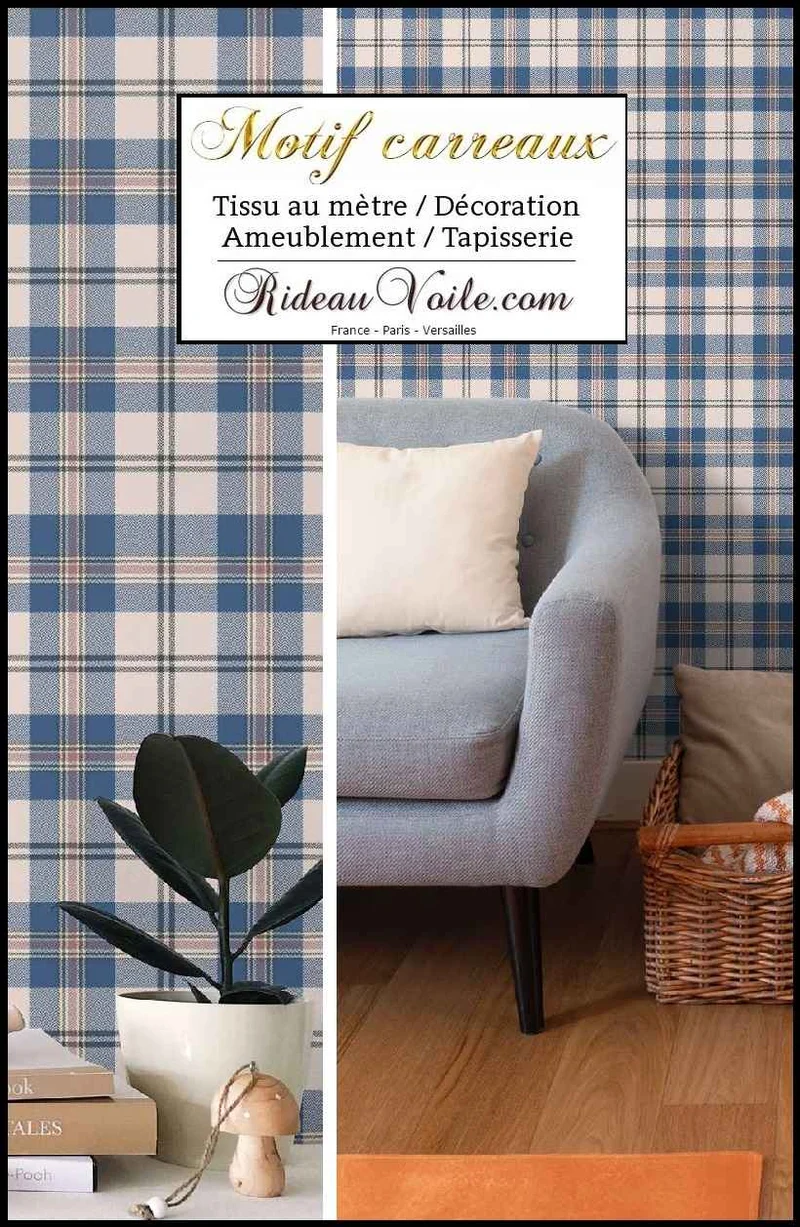 Tissu velours ameublement imprimé carreaux bleu tartan