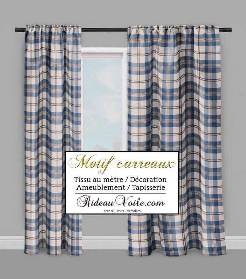 Tissu velours ameublement imprimé carreaux bleu tartan