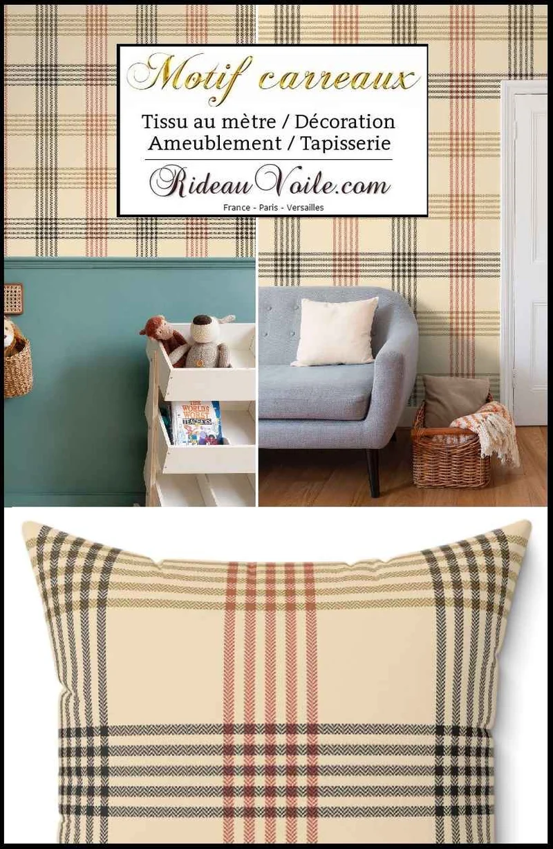 Tissu velours ameublement chalet intérieur montagne chic carreaux beige tartan