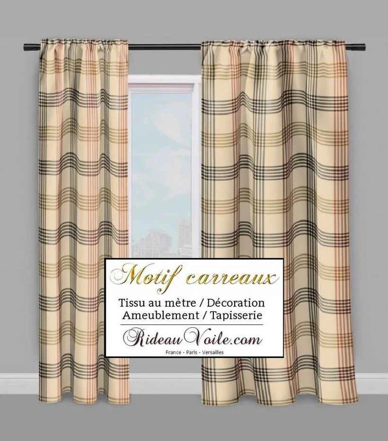 Tissu velours ameublement chalet intérieur montagne chic carreaux beige tartan