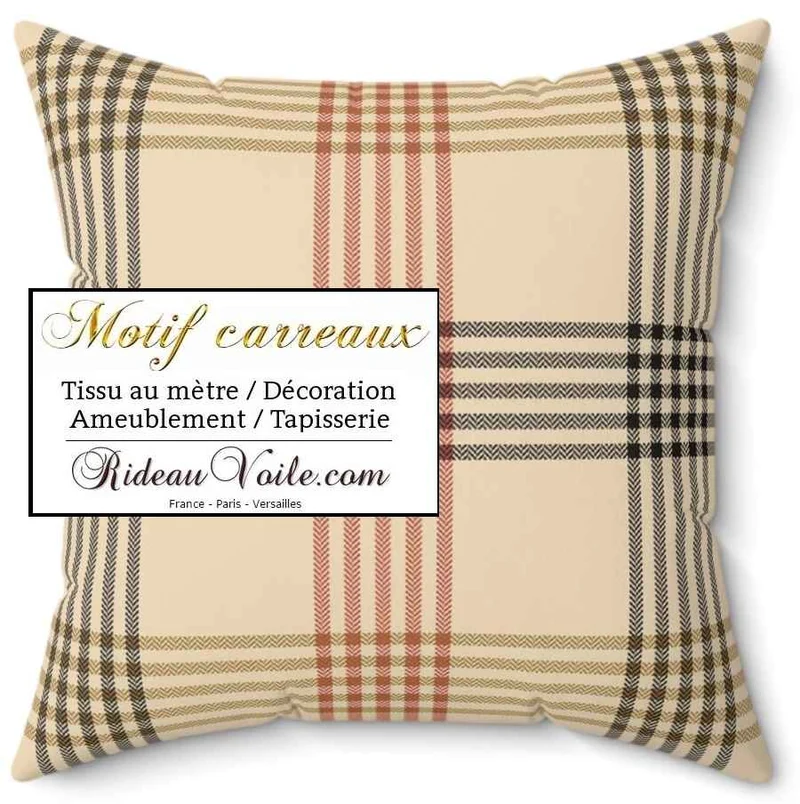 Tissu velours ameublement chalet intérieur montagne chic carreaux beige tartan