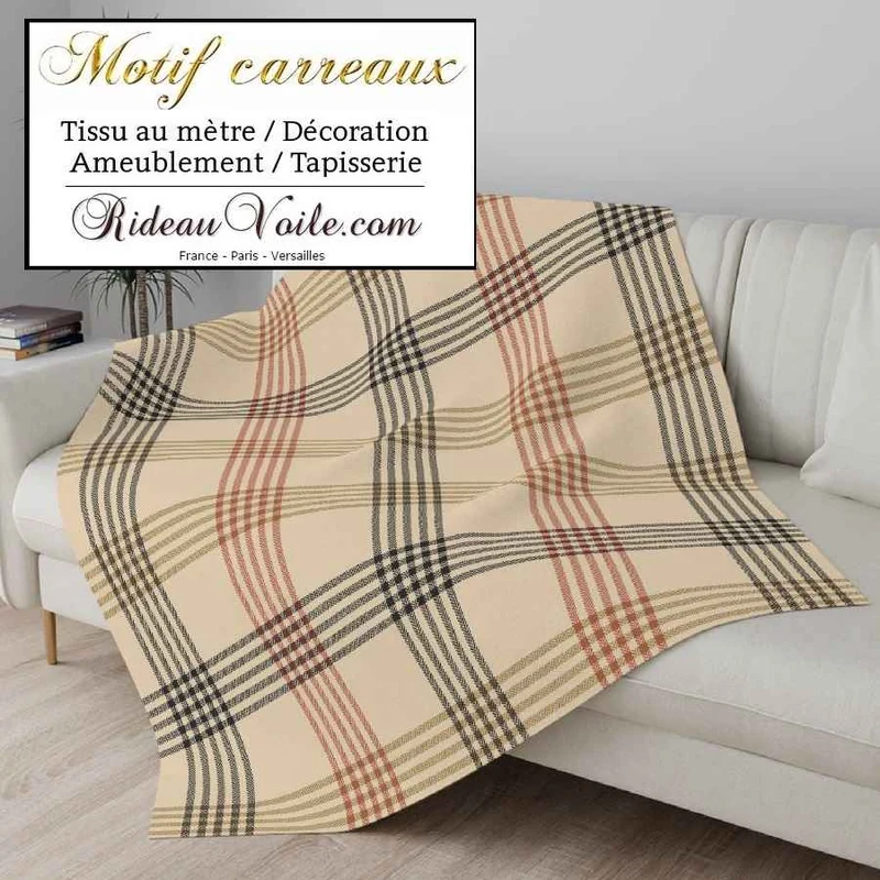 Tissu velours ameublement chalet intérieur montagne chic carreaux beige tartan