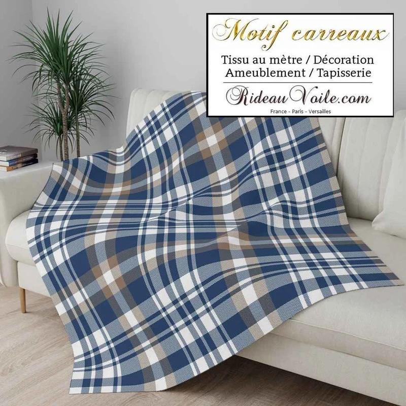 Toile Lin Inspiration tissus chalet style montagne chic carreaux bleu tartan