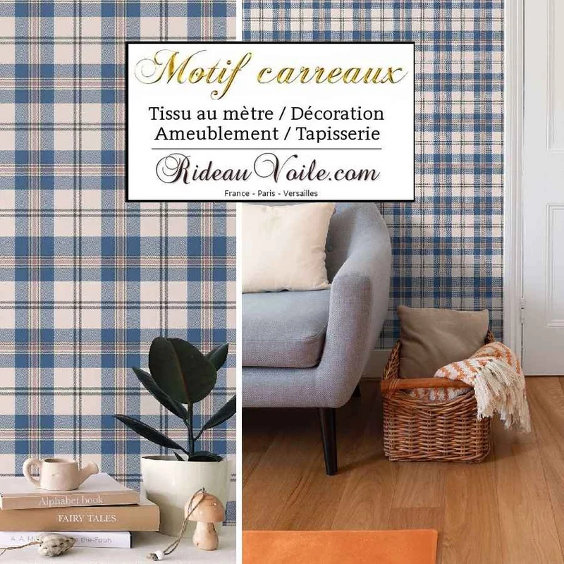 Toile 100% Lin coton design chalet intérieur montagne chic carreaux bleu tartan