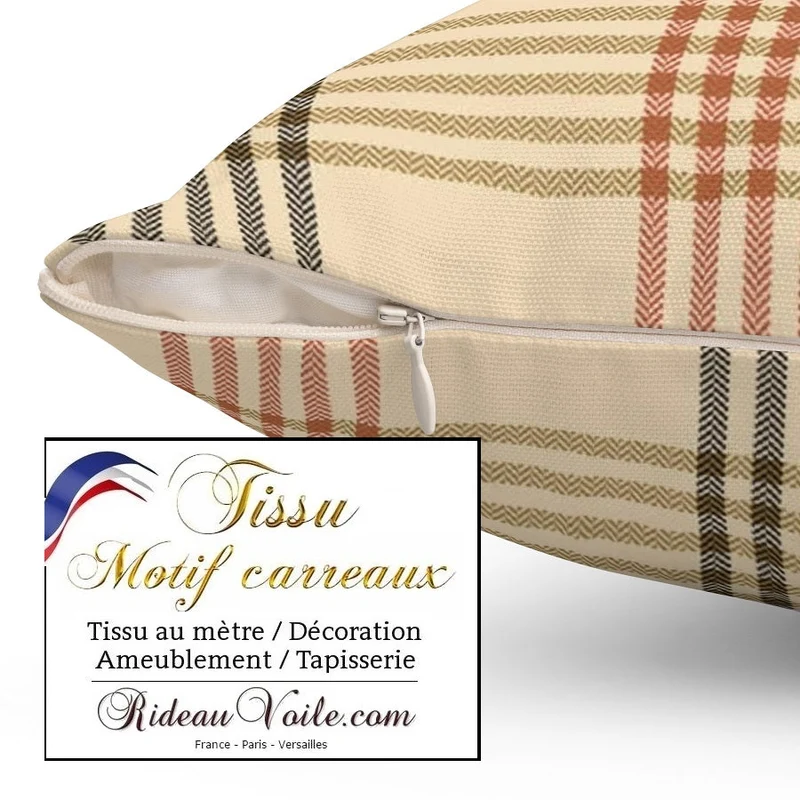 Tissu lin coton linen style chalet intérieur montagne chic toile carreaux beige tartan
