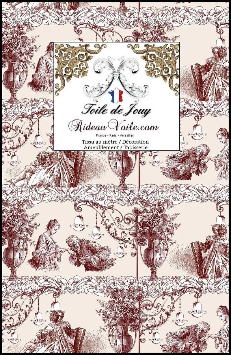 Tissu imprimé matière Toile De Jouy rouge ameublement mètre rideau voilage