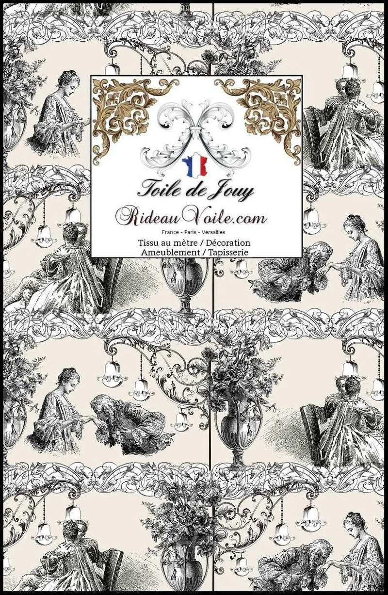 Tissu ameublement interior design imprimé écru Toile De Jouy mètre rideau voilage