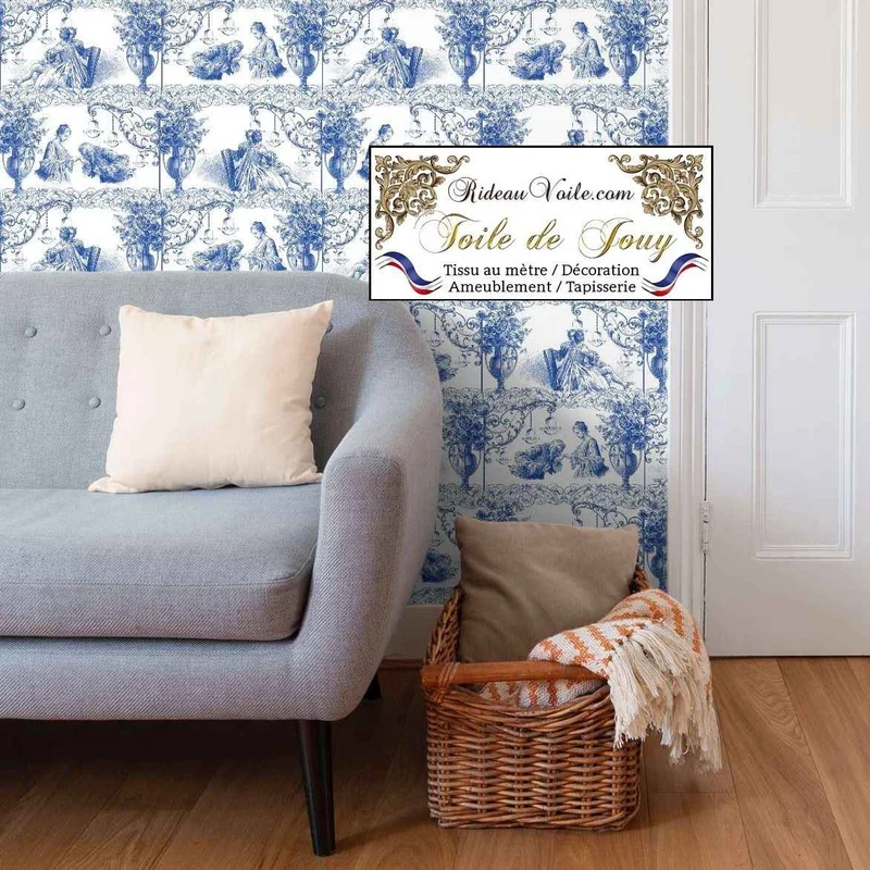 Tissu ameublement Toile De Jouy mètre rideau bleu encre revêtement mural