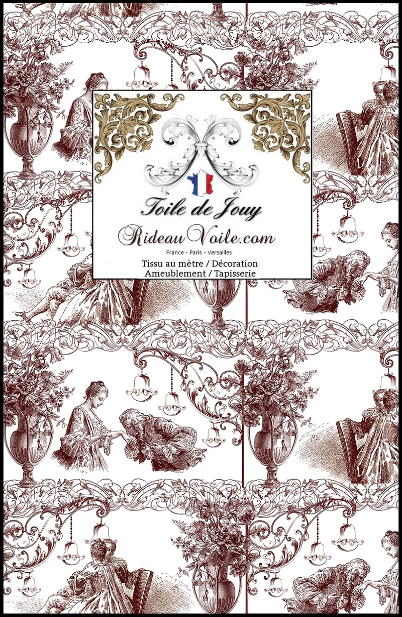Tissu d'éditeur ameublement archive toile de Jouy rouge vintage mètre rideau