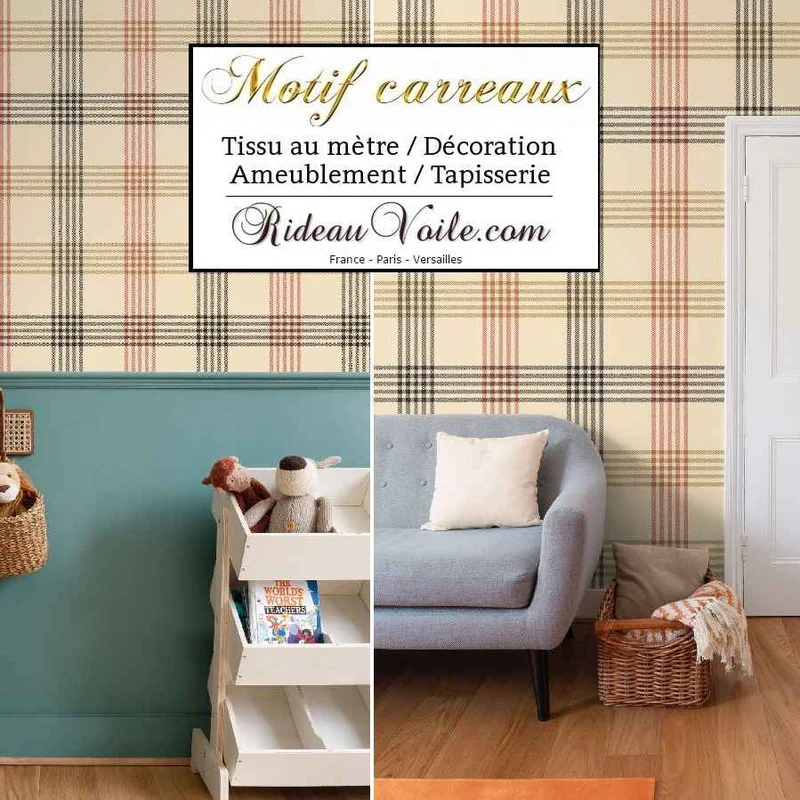 Tissu ameublement chalet intérieur montagne chic laine carreaux beige tartan