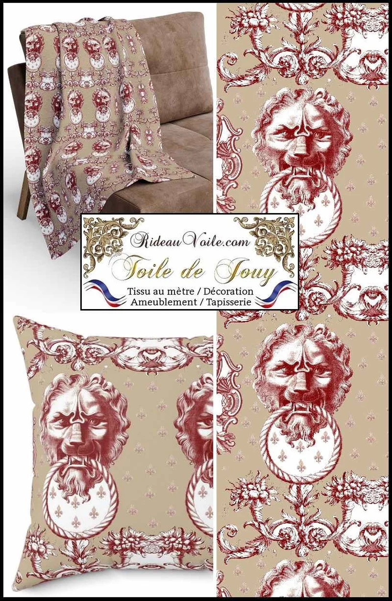 Textile d'ameublement tissu toile de Jouy rouge mètre confection rideau