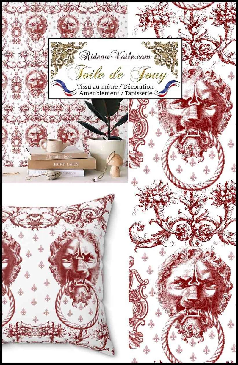 Boutique leader textile d'ameublement luxe tissu toile de Jouy rouge mètre rideau
