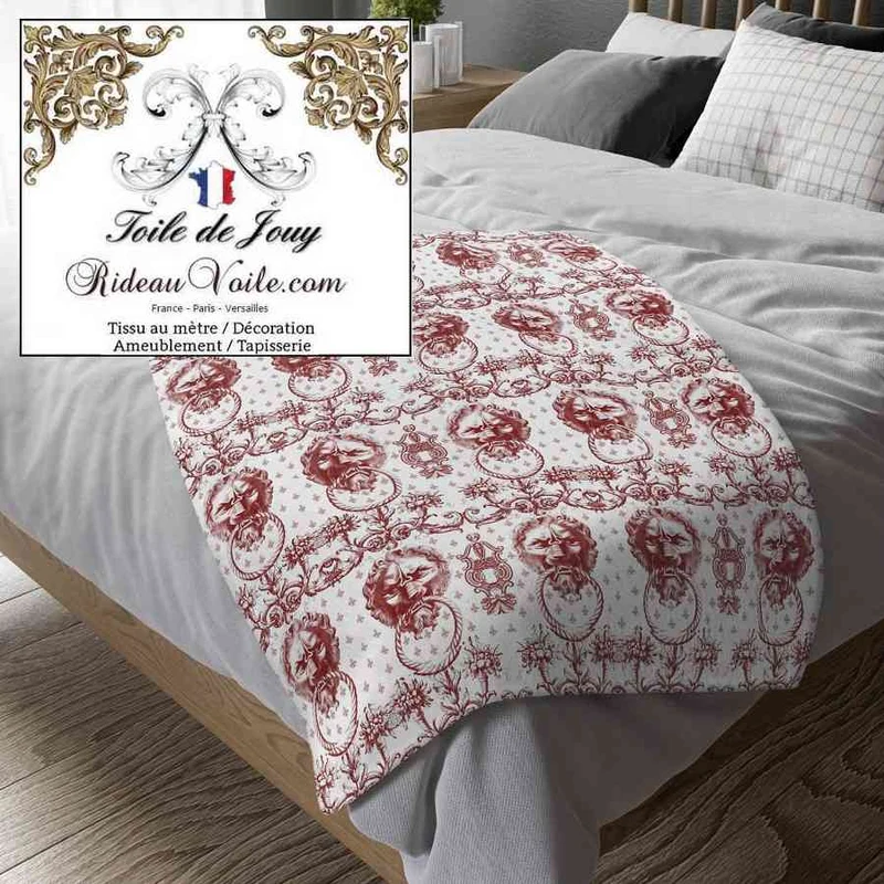 Boutique leader textile d'ameublement luxe tissu toile de Jouy rouge mètre rideau