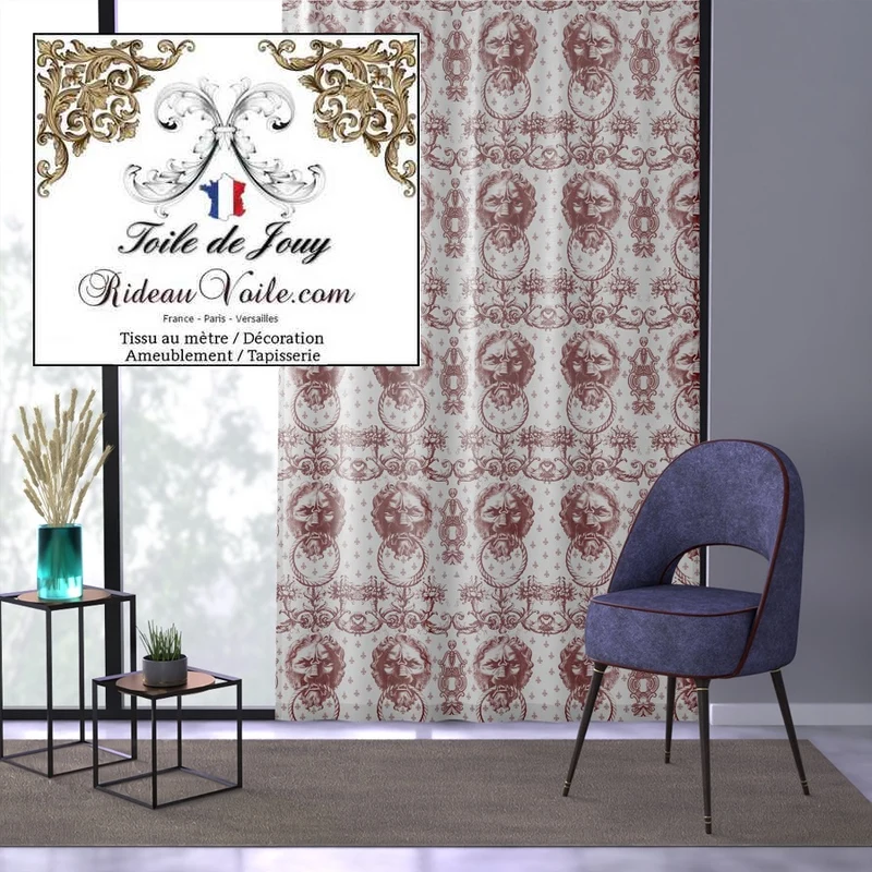 Boutique leader textile d'ameublement luxe tissu toile de Jouy rouge mètre rideau