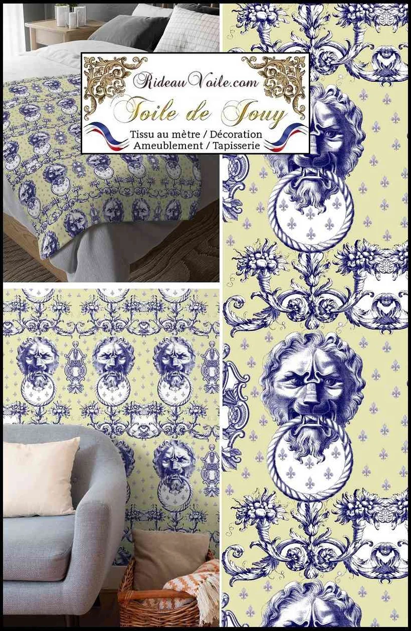 Jacquard grande largeur manufacture design Lion Toile de Jouy vert bleu mètre