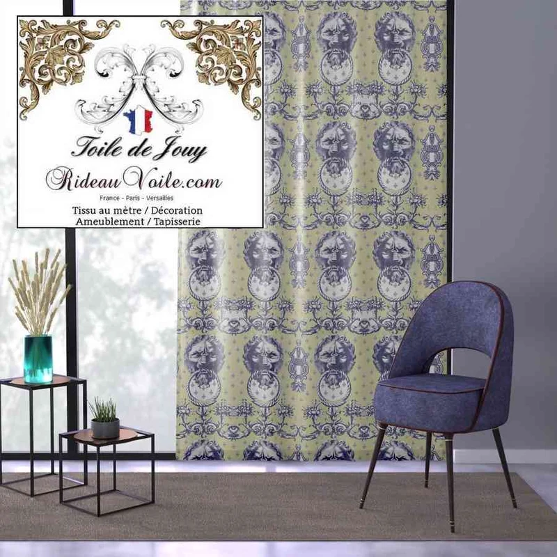 Jacquard grande largeur manufacture design Lion Toile de Jouy vert bleu mètre