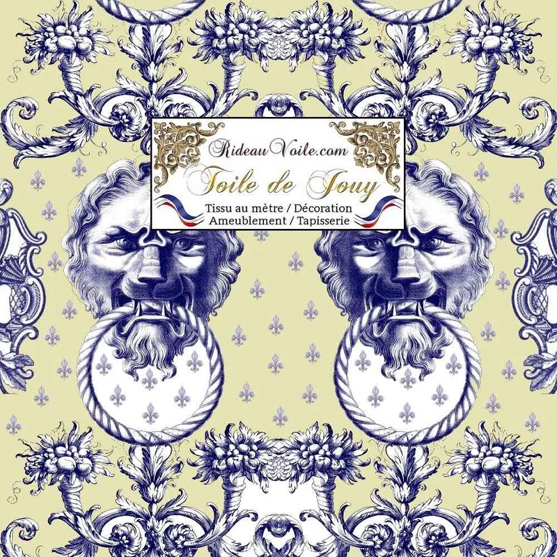 Jacquard grande largeur manufacture design Lion Toile de Jouy vert bleu mètre