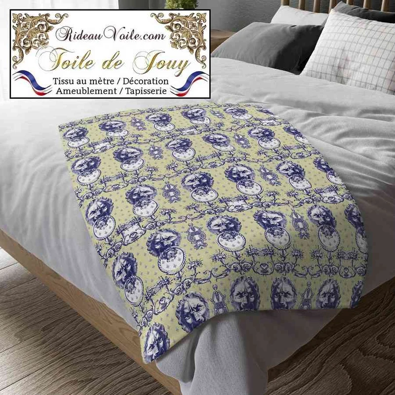 Jacquard grande largeur manufacture design Lion Toile de Jouy vert bleu mètre