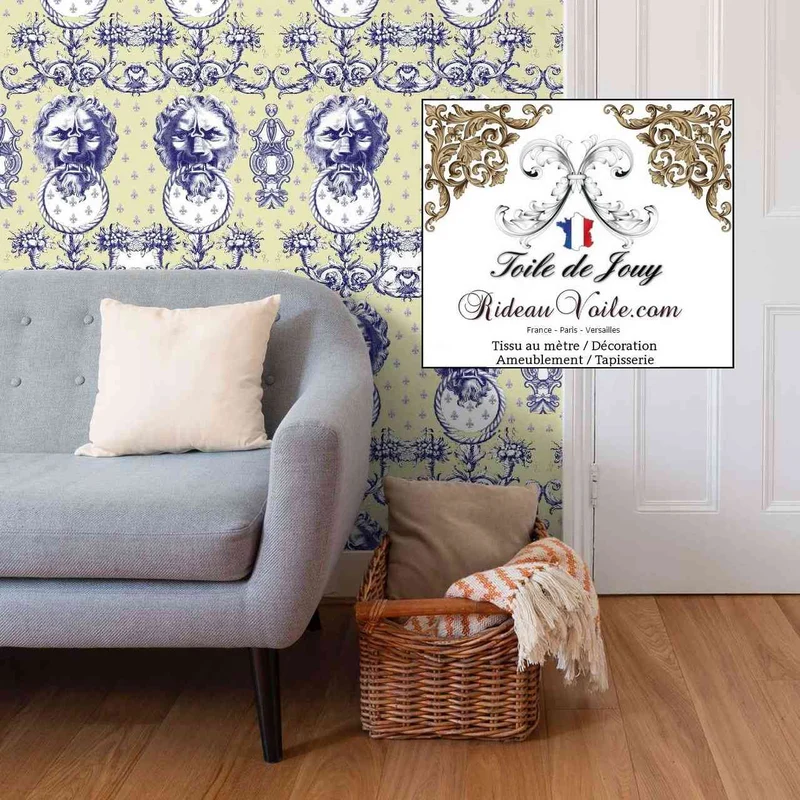 Jacquard grande largeur manufacture design Lion Toile de Jouy vert bleu mètre