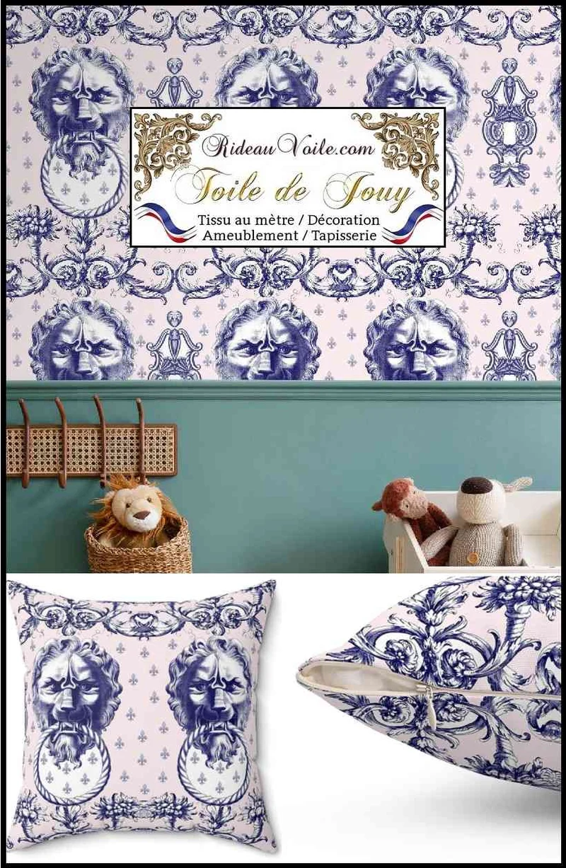 Jacquard grande largeur manufacture design Lion Toile de Jouy rose bleu mètre
