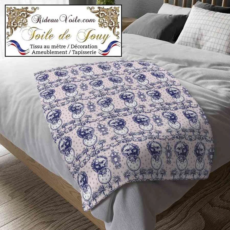 Jacquard grande largeur manufacture design Lion Toile de Jouy rose bleu mètre